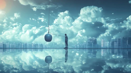 Solitary figure directs pendulum above mirrored cityscape