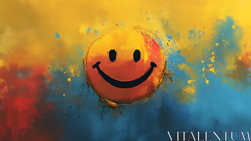 Smiley face radiates over bold yellow, red, blue field