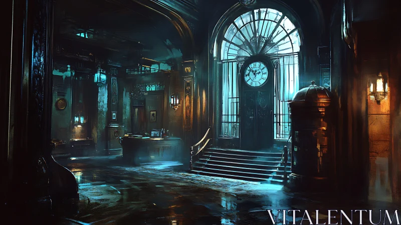 Grand clock hall in dimly lit historic interior scene.