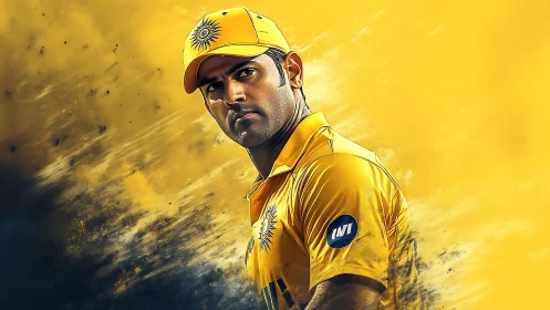 Dynamic portrait of cricket player in yellow kit with motion blur