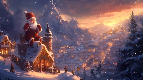 Santa overlooks glowing alpine village at twilight.