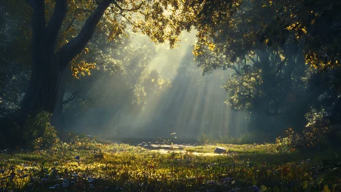 Volumetric sunbeams illuminating misted woodland clearing.