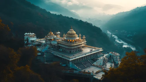 Hilltop temple complex overlooks misty river valley