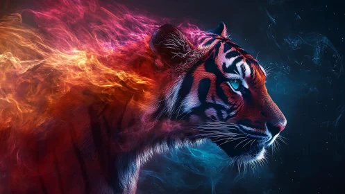 Fireborn nebula tiger prowling through cosmic twilight.