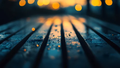 Rainy bench slats glow under dreamy evening city lights.