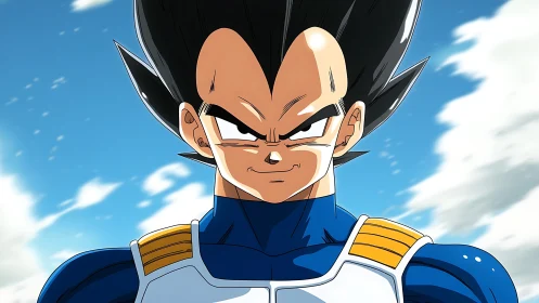 Anime armored warrior character under open sky scene.