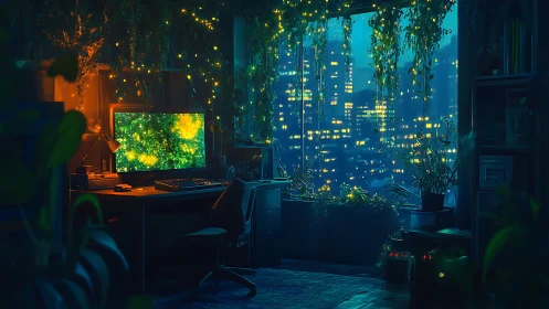 Neon jungle workspace glowing above the sleepless city.