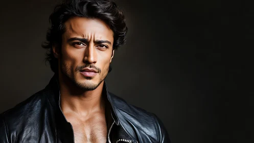 Man in leather jacket stares forward against dark background