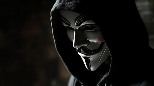 Hooded masquerade figure in dramatic low key studio lighting.