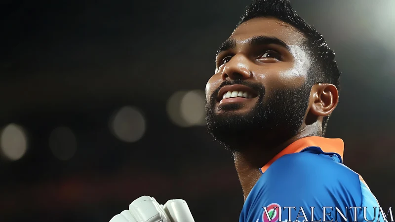 Cricket player in blue jersey looks upward under stadium lights