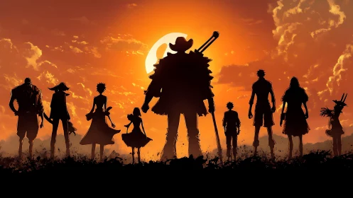Silhouetted anime crew walking toward vivid sunset sky.