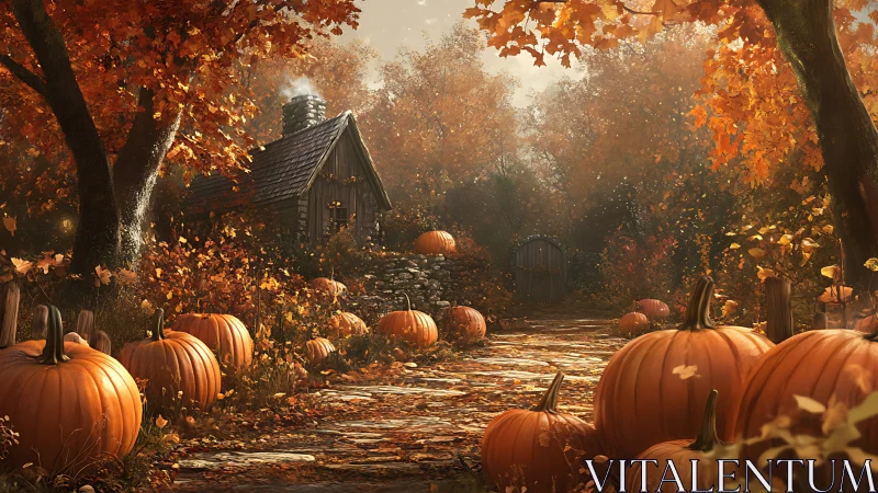 Pumpkin lined forest path leading to wooden cabin in autumn.