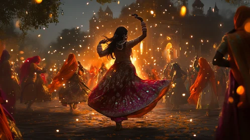 Central dancer rotates amid illuminated courtyard procession