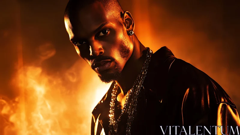 Moody portrait of stylish man in fiery golden backlight.