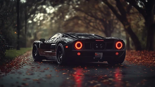 Midnight supercar glows through autumn’s rain-slicked hush.