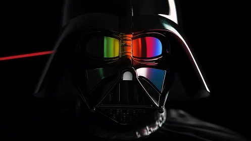 Black sci fi helmet closeup with split multicolor visor.