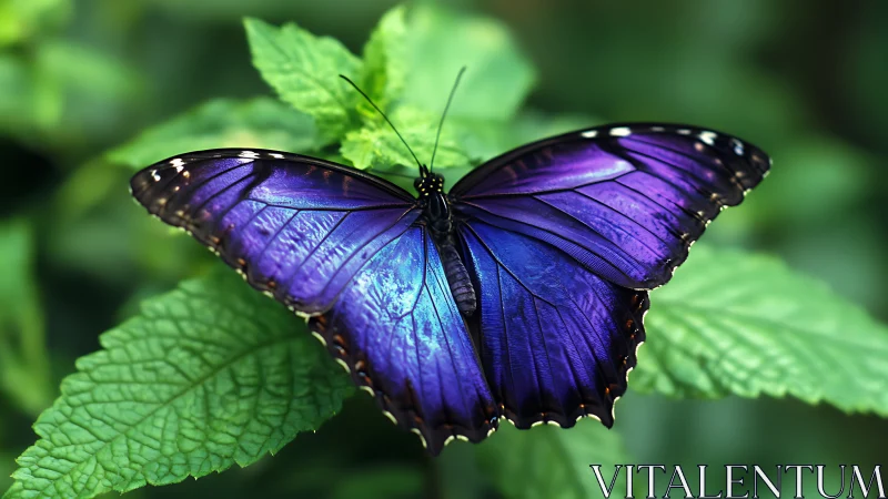 Purple butterfly resting on green leaves in sharp focus.