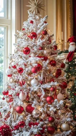 Snowy red and gold Christmas tree glowing with cozy cheer.