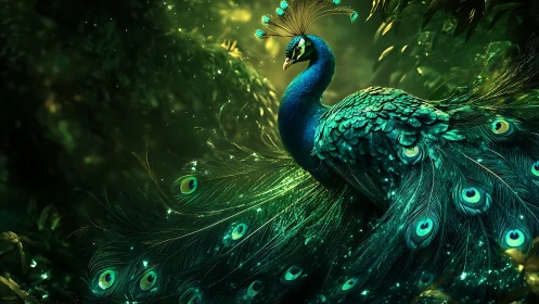 Emerald forest peacock spreads iridescent tail plumage