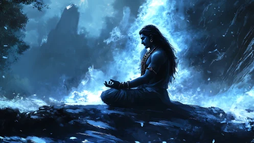 Serene blue figure meditates calmly within swirling light
