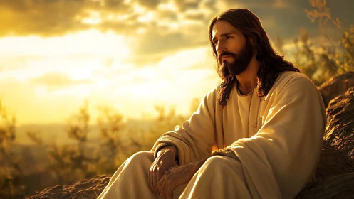 Contemplative holy figure gazes over hills at golden sunset