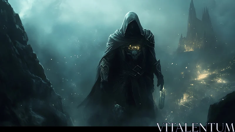 Hooded death knight overlooking spectral citadel at night.