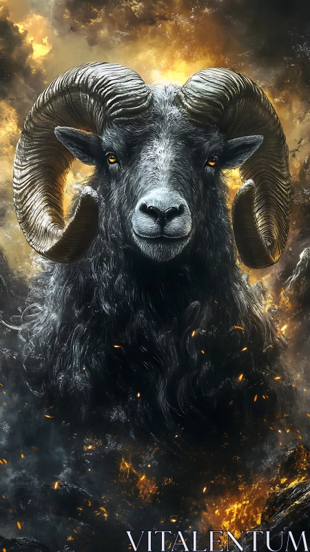 Mythic ram portrait emerges from eruptive, fiery stormfield