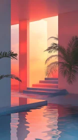Sunlit poolside steps in minimal tropical architecture.