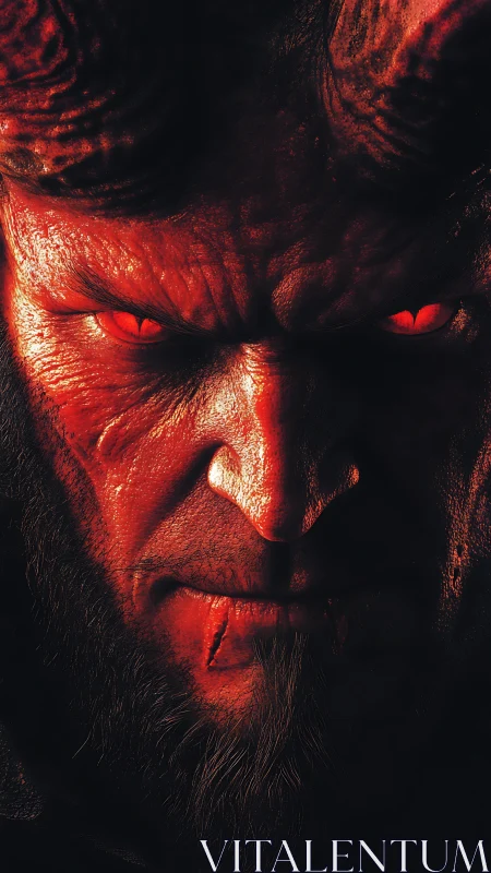 Intense horned demon portrait with glowing red eyes.