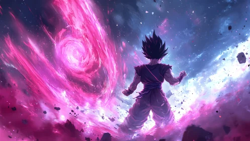 Warrior confronts swirling cosmic vortex in radiant void