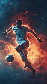 Fiery soccer star leaping through glowing sparks of passion.