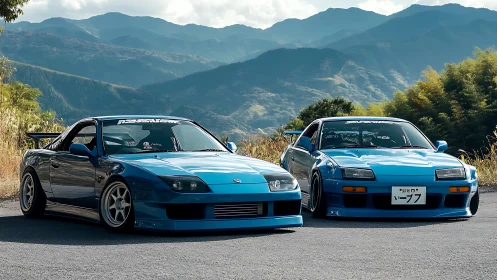 Twin modified blue sports coupes staged on a mountain pass road
