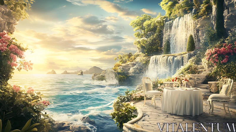 Romantic terrace dining scene beside tiered coastal waterfalls at sunset