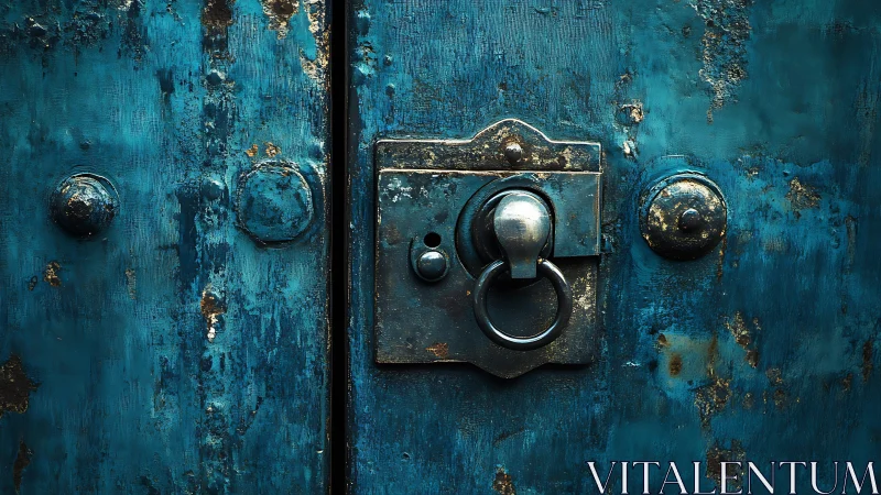 Weathered blue door with vintage metal lock inviting curiosity.