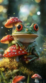 Radiant tree frog poised on glowing woodland toadstools.