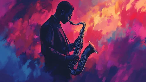 Jazz saxophonist silhouette against vivid abstract colors.
