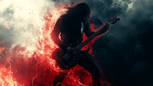 Fiery metal guitarist emerges from swirling smoke and flame.