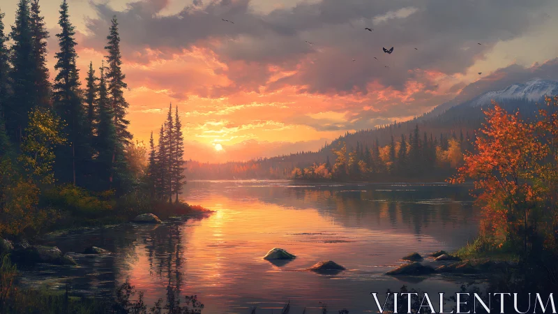 Golden sunset illuminates tranquil forest lake in autumn glow