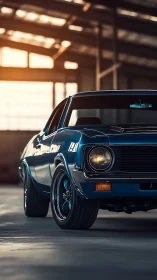Blue classic muscle car under warm industrial light.