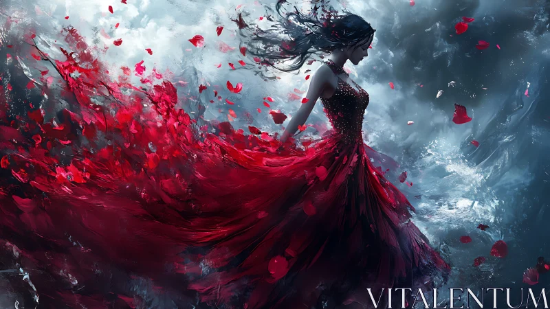 Scarlet-clad woman strides through swirling storm of petals