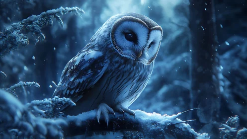 Majestic owl perched in snowy forest, cinematic blue lighting.