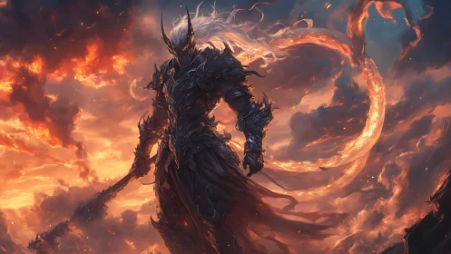 Volcanic warlord in infernal plate amid turbulent firestorm.