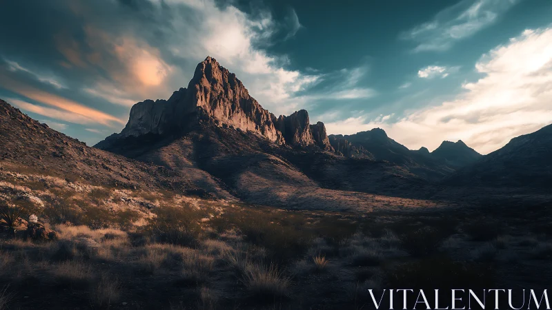 Sunlit desert spires crown a brooding twilight valleyscape.