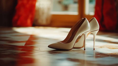 Ivory stilettos bask in golden morning light, poised quietly.