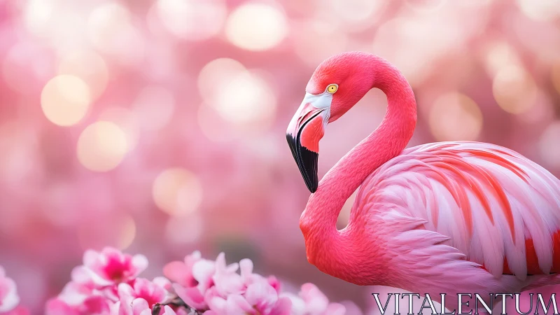 Flamingo stands among foreground blossoms against blurred bokeh