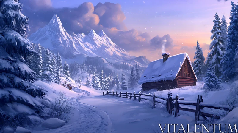 Snow-laden alpine cabin beside winding track at winter dusk