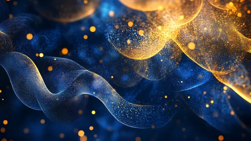 Parametric blue-gold particle ribbons with volumetric bokeh fields.