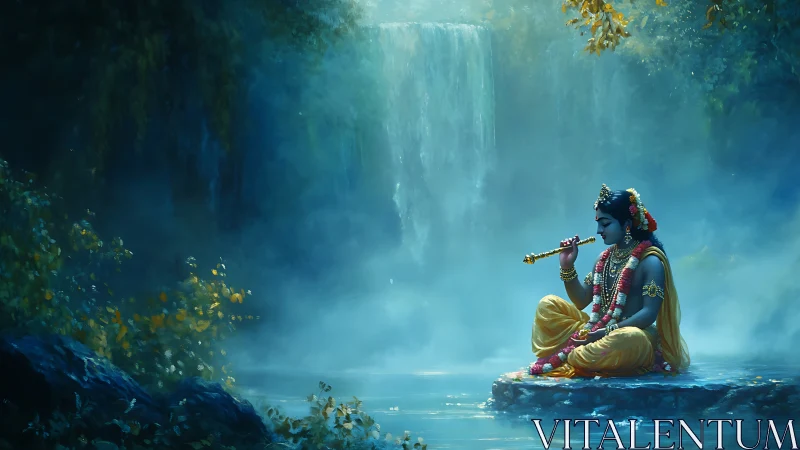 Divine flutist sits beside misted waterfall in twilight forest