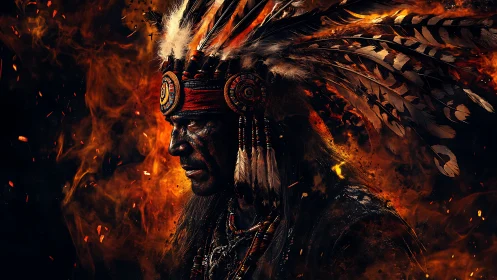 Indigenous warrior profile in feathered headdress amid embers.