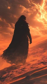 Solitary cloaked wanderer on wind-swept dune at burning sunset